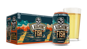 Laughing fish product, can, and glass