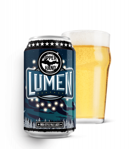 A blue can of beer labeled Lumen with a pint glass full of it behind the can