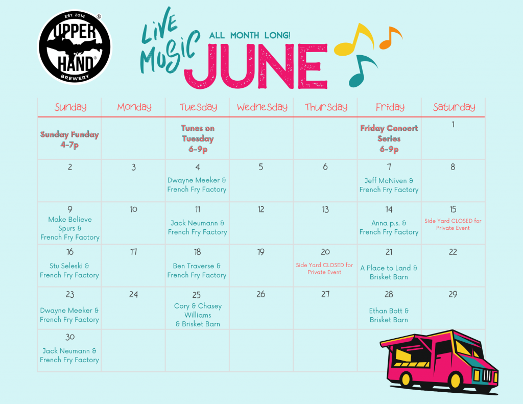 A calendar listing all of the concerts at UH in June