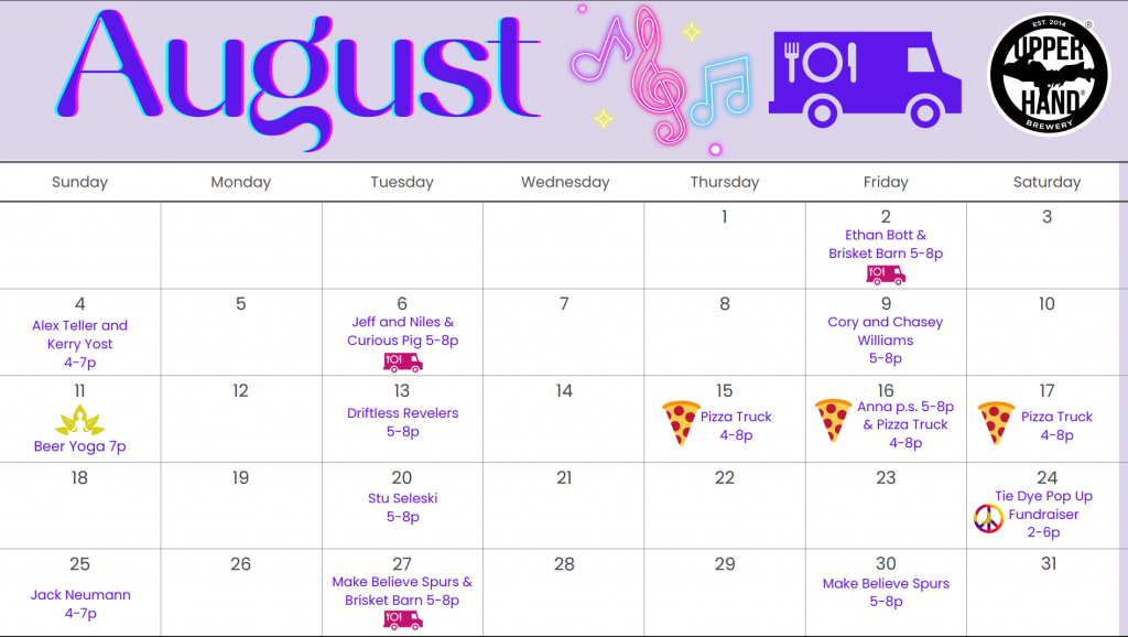 A calendar listing all of the concerts at UH in August