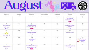 A calendar listing all of the concerts at UH in August