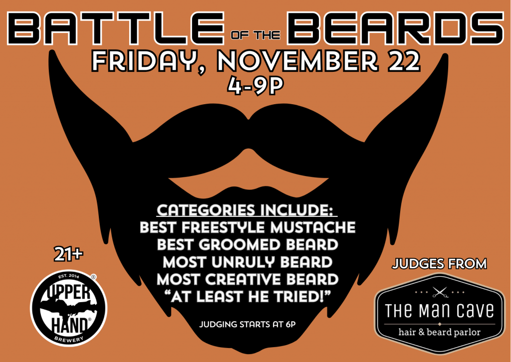 An event poster featuring a large beard backdrop with categories and event information