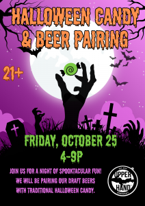 Event poster featuring a zombie hand poking out through the ground holding a piece of candy, advertising the beer and candy pairing event