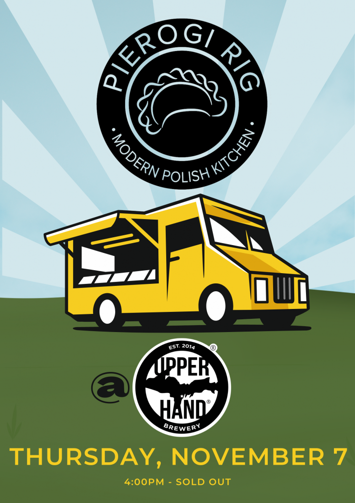 An event poster featuring the Pierogi Rig logo and a yellow food truck