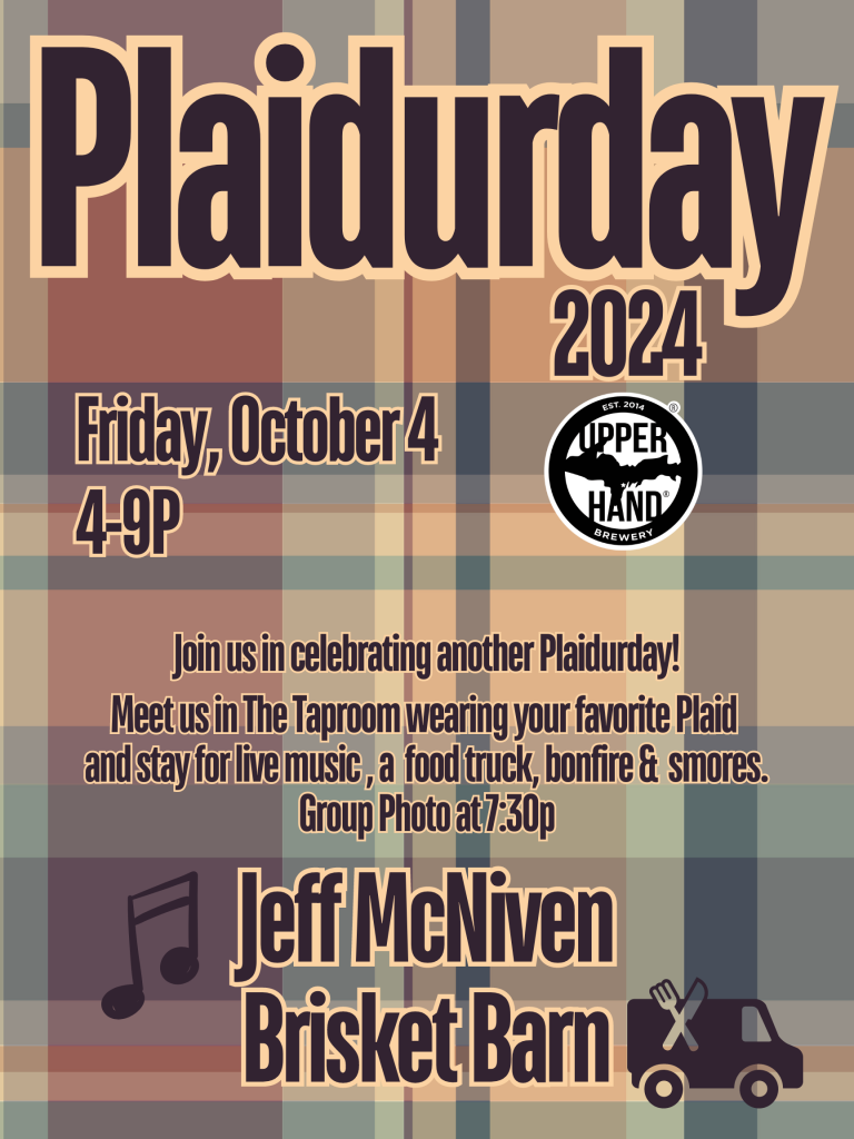 A plaid background event poster advertising Plaidurday 2024, on Friday October 4th from 4 until 9