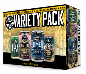 A box of the 2025 Variety Pack 1 featuring a Green Can labeled IPA, A Pink can labeled Boatload Brewers Series Grapefruit IPA, a Blue can labeled Lumen, and a off blue orange can labeled Laughing Fish