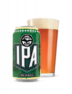 A green can of beer labeled IPA with a pint glass full of it behind the can